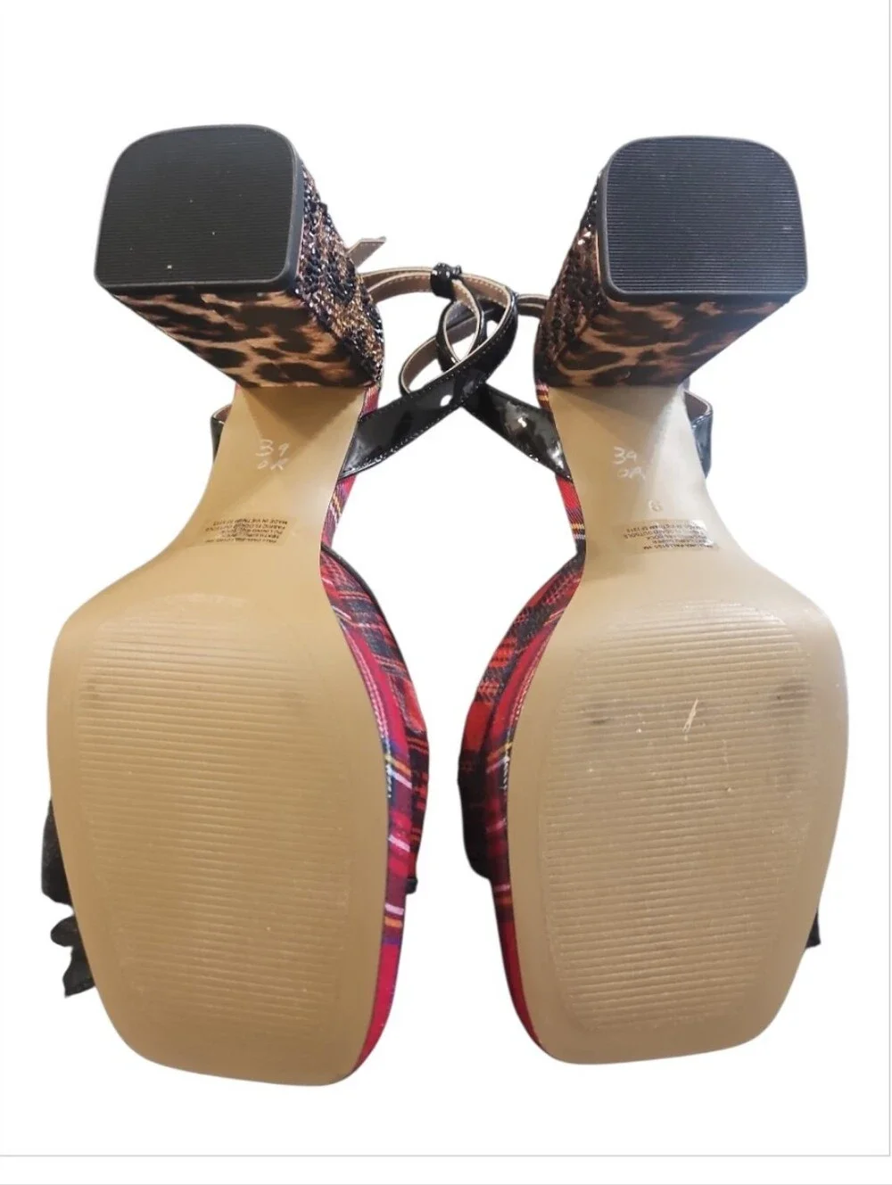 Betsey Johnson Palloma Red Plaid Platform Bow Dress Sandals Sz 9 Leopard Heel - Picture 8 of 12